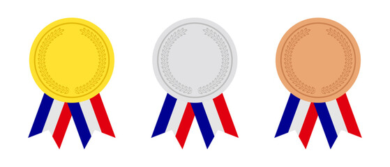 Gold, silver, bronze olympic medals with ribbon in french flag colors, isolated on transparent background. flat vector illustration.