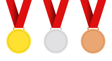 Set of three award medals in gold, silver, bronze on isolated on transparent background with red ribbons, flat design