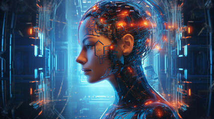 Naklejka na ściany i meble Portrait futuristic woman representing Artificial Intelligence.