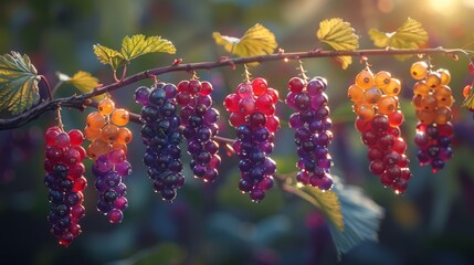   A tight shot of grapevines with ripe clusters of grapes on extended branches Sunlight filters through foliage behind - obrazy, fototapety, plakaty