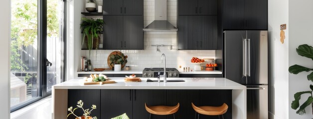 a simple, medium-budget kitchen illuminated by natural light, boasting charcoal cabinets, a white backsplash, and a sleek waterfall island in a realistic setting.