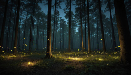 Fototapeta premium Enchanted Forest with Fireflies at Night