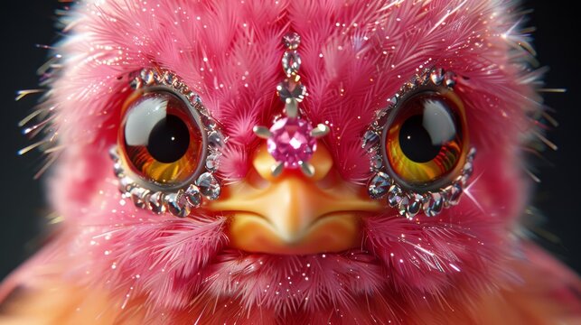   A tight shot of a pink bird's expressive face, adorned with large eyes and a tiaras gracefully perched upon its head