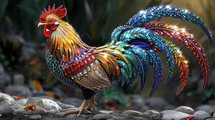   A vibrant rooster atop a rocky mound, overlooking water Nearby, a stone-scattered shore - obrazy, fototapety, plakaty