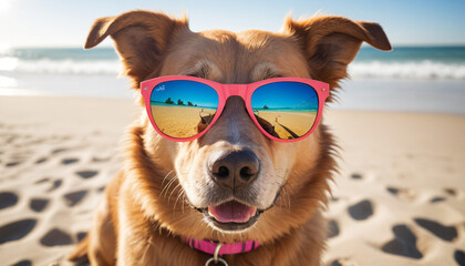 Dog with Red Sunglasses at the Beach