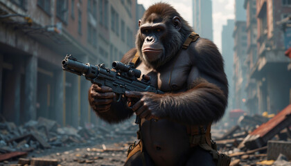 A monkey with a submachine gun in his hands - obrazy, fototapety, plakaty