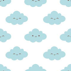 Minimalist abstract seamless pattern with cute smiling cloud. Seamless pattern for wallpaper, textile, fabric, wrapping paper.  Vector illustration in flat style