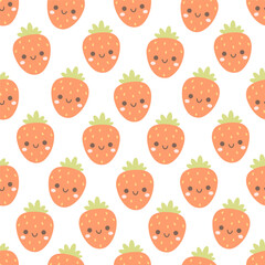 Seamless pattern with cute cartoon strawberry characters. Fruit seamless pattern. Vector illustration in flat style