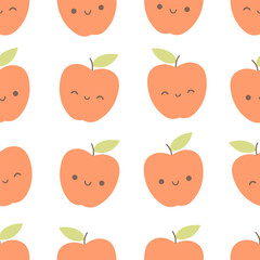 Seamless pattern with cute cartoon apple characters. Fruit seamless pattern. Vector illustration in flat style