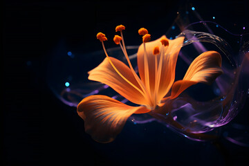 Detailed close-up of a vibrant flower set against a dark black background. - obrazy, fototapety, plakaty