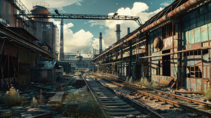 Fototapeta na wymiar A desolate industrial area with a train track and a few buildings