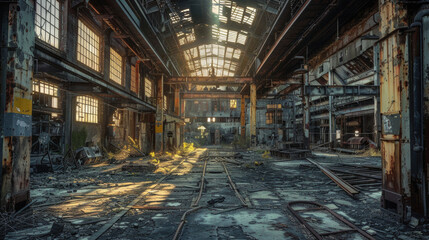 A large, abandoned industrial building with broken windows and rusted metal - obrazy, fototapety, plakaty