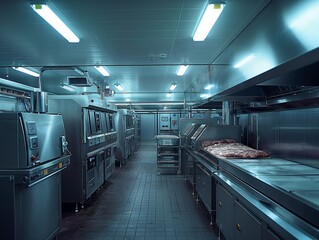 A large industrial kitchen with stainless steel appliances and a large oven. The kitchen is dimly lit, giving it a somewhat eerie atmosphere - obrazy, fototapety, plakaty