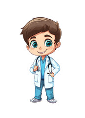 Fototapeta premium Friendly cartoon male doctor with a stethoscope, smiling confidently in a white coat on a transparent background. Generative AI