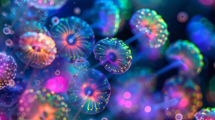 Colorful microscopic image of a group of dinoflagellates a type of algae known for their ability to produce bioluminescence and create - obrazy, fototapety, plakaty