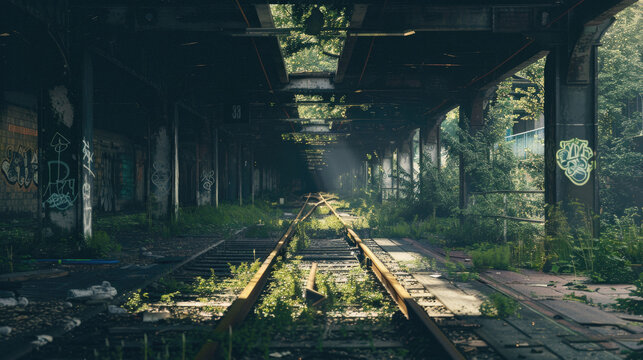 A train track is surrounded by graffiti and overgrown vegetation