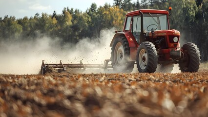 Plowing a Field with a Vintage Tractor: Kicking up Dust. Concept Agricultural Traditions, Vintage Tractor Restoration, Rural Farming, Historic Machinery, Dusty Fields - obrazy, fototapety, plakaty