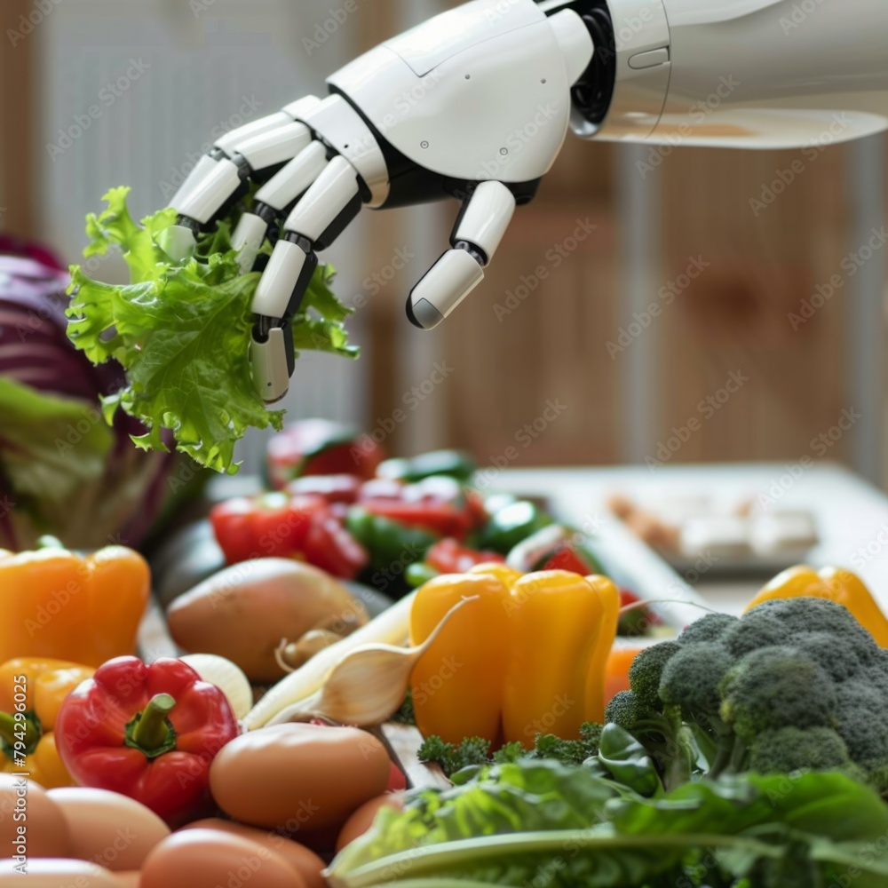 Poster robot reaching for broccoli, close up