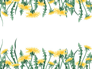 Upside down floral frame. Horizontal border with watercolor dandelions. Yellow wildflowers. For invitations, digital design, greeting cards, packaging, banners, backdrops. Nature-themed aesthetic