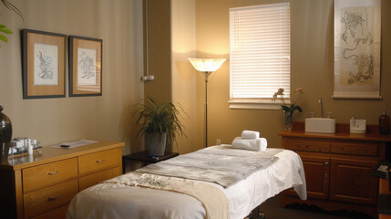 A spa room with a massage table and a potted plant