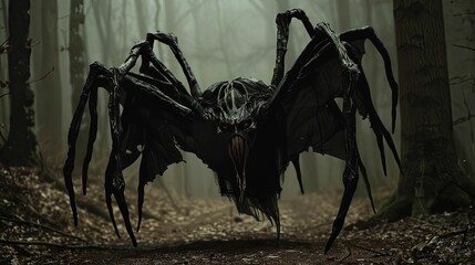 A spectral figure with arachnid silk wings drifts noiselessly amidst the misty woodland, skimming just above the earth.