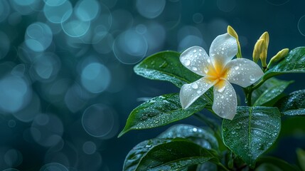   A white and yellow bloom with dewdrops on petals, situated on a green leafy plant Background features a blue bokeh of light - obrazy, fototapety, plakaty