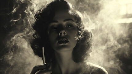 Black and white photography of woman smoking a cigarette in an atmosphere thick with swirling smokes jazz clubs of the 1930s. Nostalgia and retro style concept.