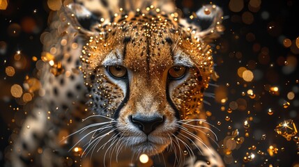   Close-up of a Cheetah's Face against jet black backdrop, encircled by golden sparks - obrazy, fototapety, plakaty