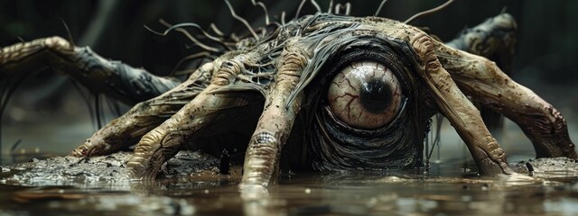 A sinister presence, the demon's colossal eye glared from its chest, concealed in the shadows of the swamp's murky waters. - obrazy, fototapety, plakaty