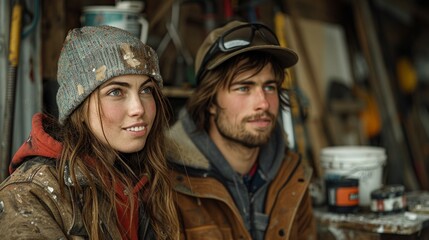 Fototapeta premium A man and a woman stand together, collaborating on a renovation project with focus and determination.