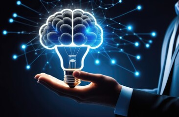 Close-up. Innovation, new idea, hands of a businessman holding a light bulb and a brain with the development of digital technology data network