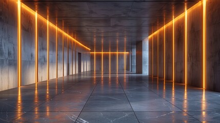 A long hallway illuminated by soft yellow lights, creating a mesmerizing ambiance as shadows dance along the walls. - Powered by Adobe