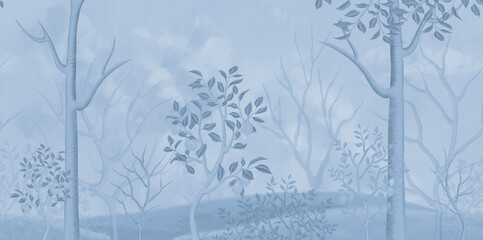Cloudy forest landscape with lemon tree in baby blue color