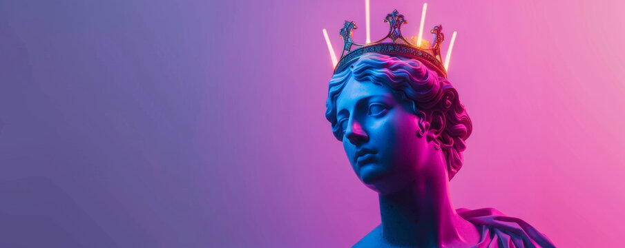 Neon-lit classical bust with a golden crown