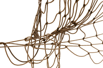 Torn Football or tennis net. Rope mesh on a white background close-up