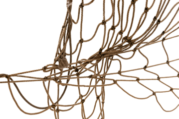 Torn Football or tennis net. Rope mesh on a white background close-up
