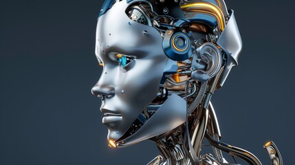 Side perspective of a humanoid AI head, showcasing blue and yellow eyes with a dynamic neon neural network