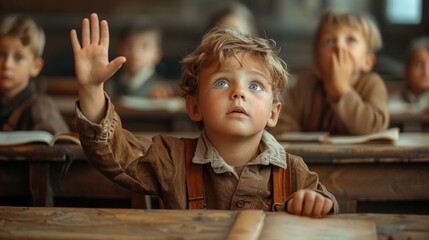 A young boy sits at a desk, eagerly raising his hands as if ready to answer a question during a lesson. - obrazy, fototapety, plakaty
