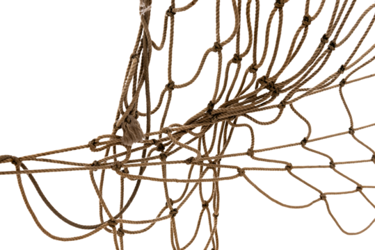 Torn Football or tennis net. Rope mesh on a white background close-up