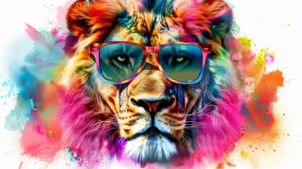 Stylish cartoon lion sporting sunglasses, portrayed in rich colors on a clean white background