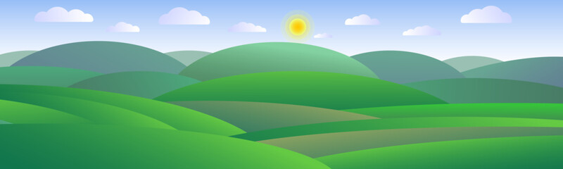 Fototapeta premium Mountain vector landscape. Blue sky, white clouds, green hills. Minimalism. Vector