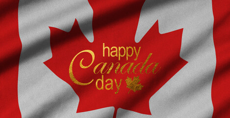 Happy Canada Day 1st of July greeting card. Congratulation template with realistic waving canadian flag and red maple leaf. National patriotic and official political holiday vector illustration. - obrazy, fototapety, plakaty