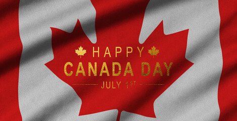 Happy Canada Day 1st of July greeting card. Congratulation template with realistic waving canadian flag and red maple leaf. National patriotic and official political holiday vector illustration.