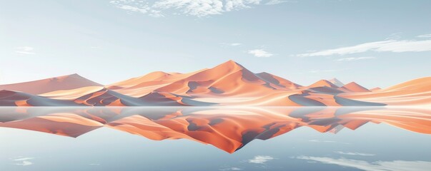 Fototapeta na wymiar Orange sand dunes reflected in calm water under a blue sky