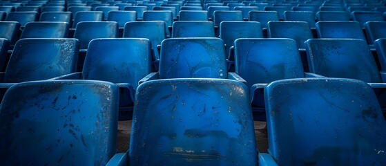 Empty blue seats in a sports stadium with a symmetrical cultural atmosphere. Concept Sports Stadium, Blue Seats, Symmetrical Design, Cultural Atmosphere