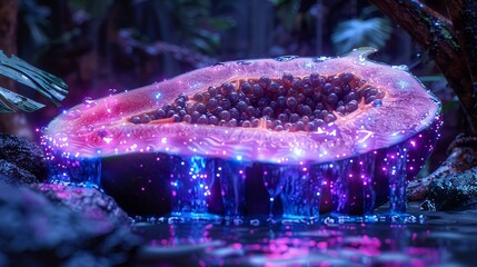   A tight shot of a submerged fruit against a backdrop of a tree and water, illuminated by lights
