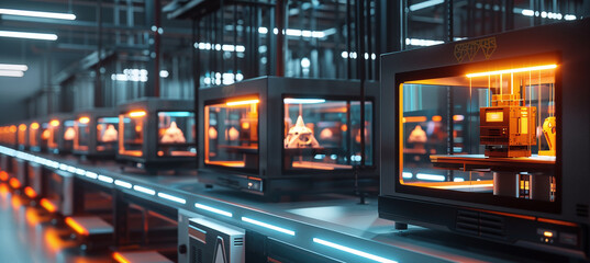 Row of 3D printers working in a workshop