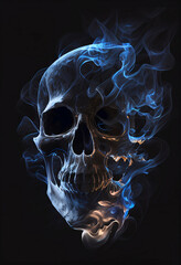 Artistically rendered smoke shaped like a skull against a dark background