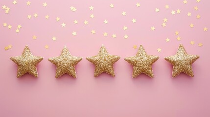 Five golden glitter stars on a pink background with small star confetti