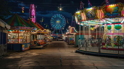 A carnival with many rides and lights - obrazy, fototapety, plakaty